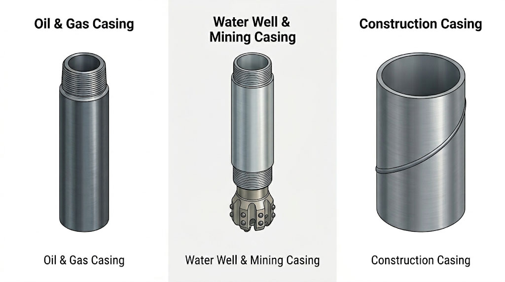 1776739739722063.jpg Three types of casing pipe comparison: oil and gas API 5CT casing, water well and mining casing with drilling bit, and large diameter construction casing pipe