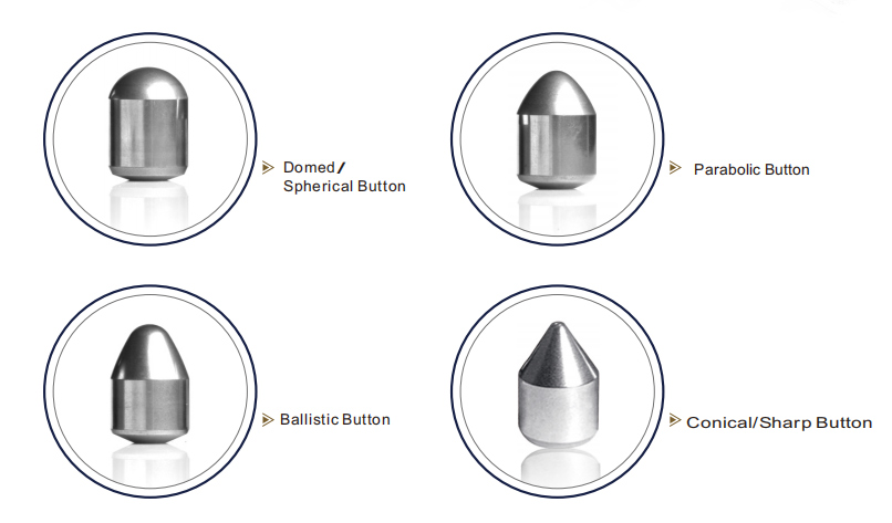 MSD DTH bit spherical and ballistic tungsten carbide buttons close-up showing cold press fit