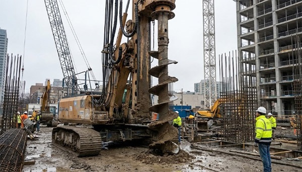 Foundation piling and geotechnical engineering on a large-scale construction site.