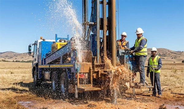 A truck-mounted rig performing deep water well and borewell drilling in a rural area.
